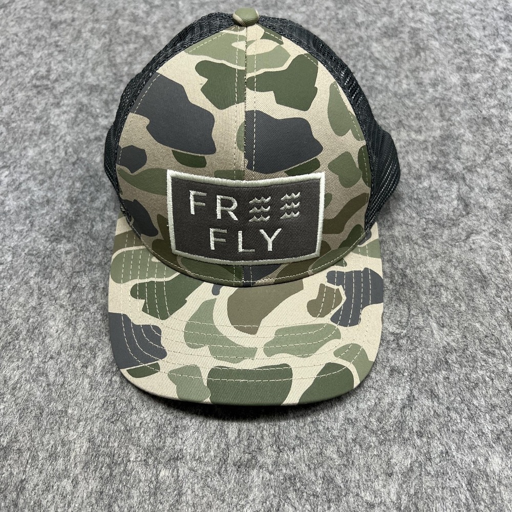 Free Fly Hat Cap Snap Back Mens One Size Green Camo Trucker Mesh Patch Logo